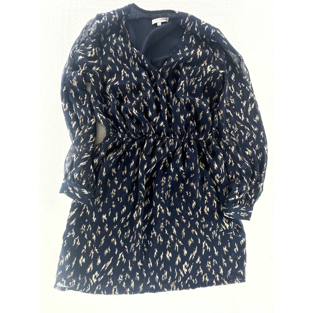 Moon River Mini Dress Long Sleeve Ruched‎ Front Navy Blue Print XS